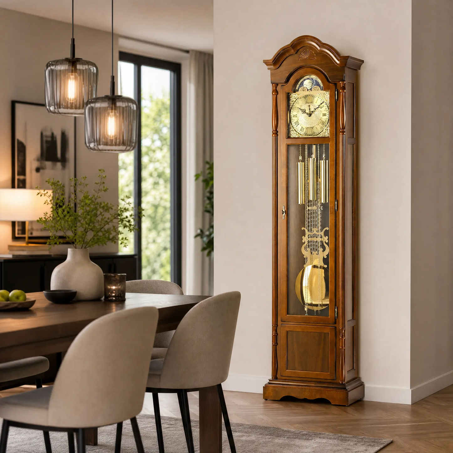 Standuhr aus Nussbaum im Wohnraum, große Glaskabine mit Zifferblatt und Pendelstäben