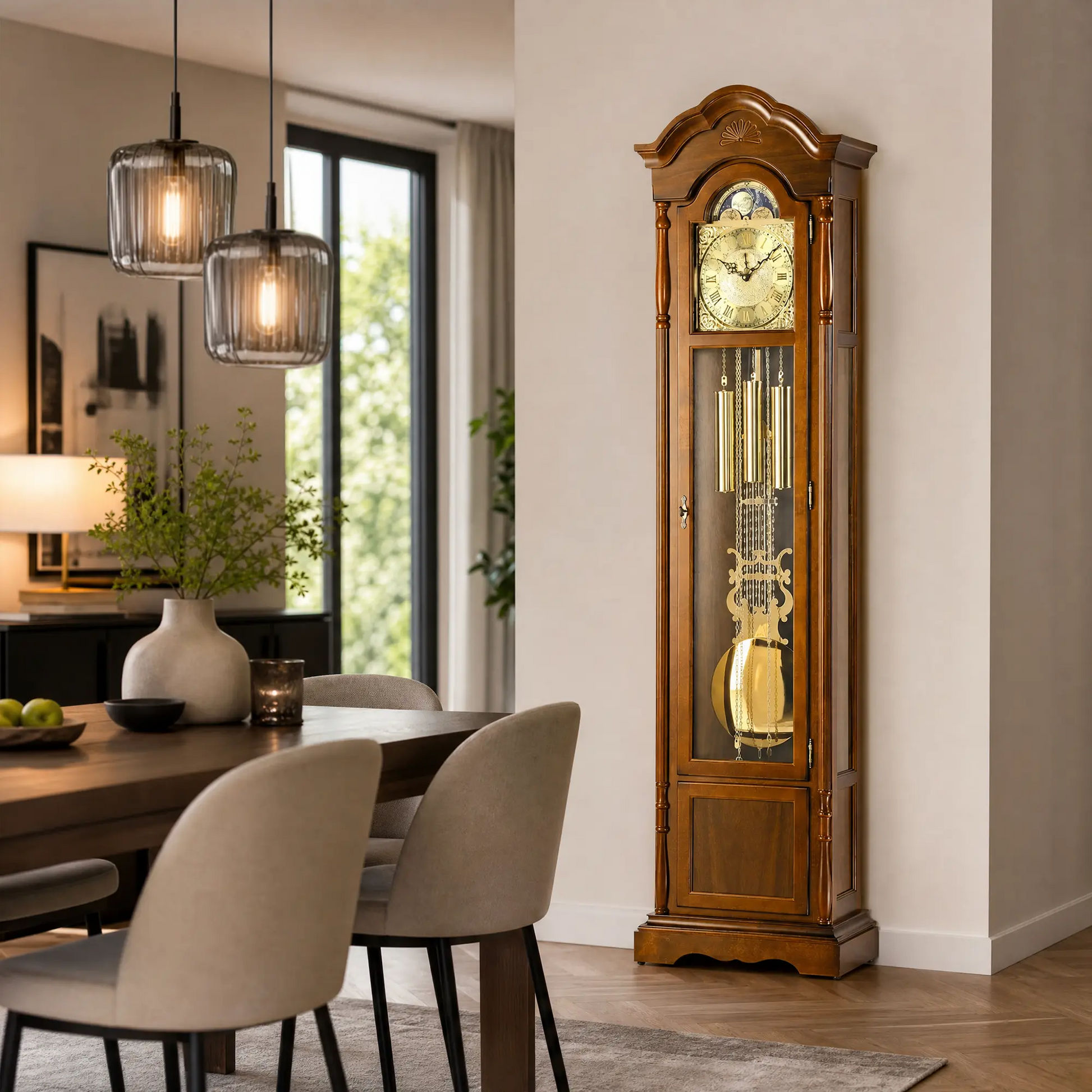 Standuhr aus Nussbaum im Wohnraum, große Glaskabine mit Zifferblatt und Pendelstäben