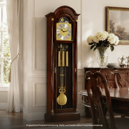 Dunkle Holz-Standuhr mit Pendel und goldenen Ziffern, mechanischem 8-Tage-Uhrwerk