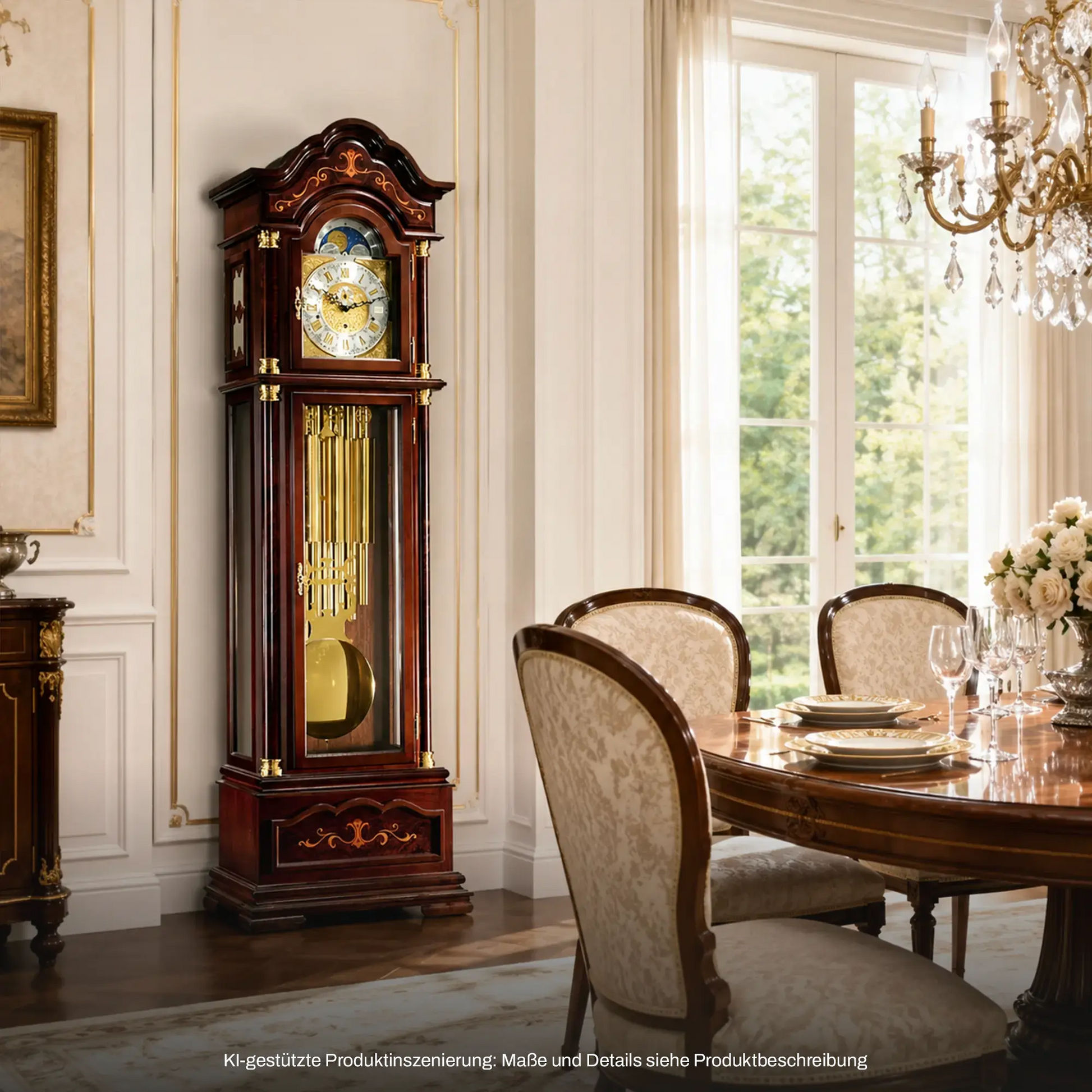 Standuhr aus dunklem Holz mit rundem Zifferblatt, Pendel und Pendelglas