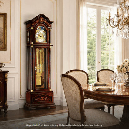 Standuhr aus dunklem Holz mit rundem Zifferblatt, Pendel und Pendelglas