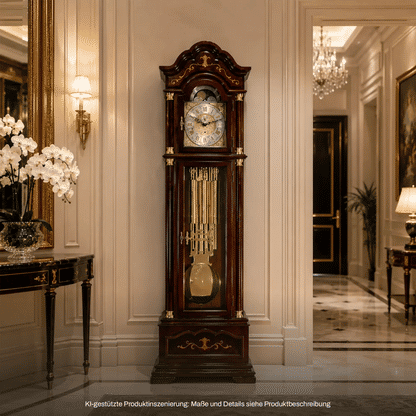 Standuhr aus dunklem Holz mit geschwungenem Aufsatz, goldfarbenen Pendelstäben und Uhrwerk