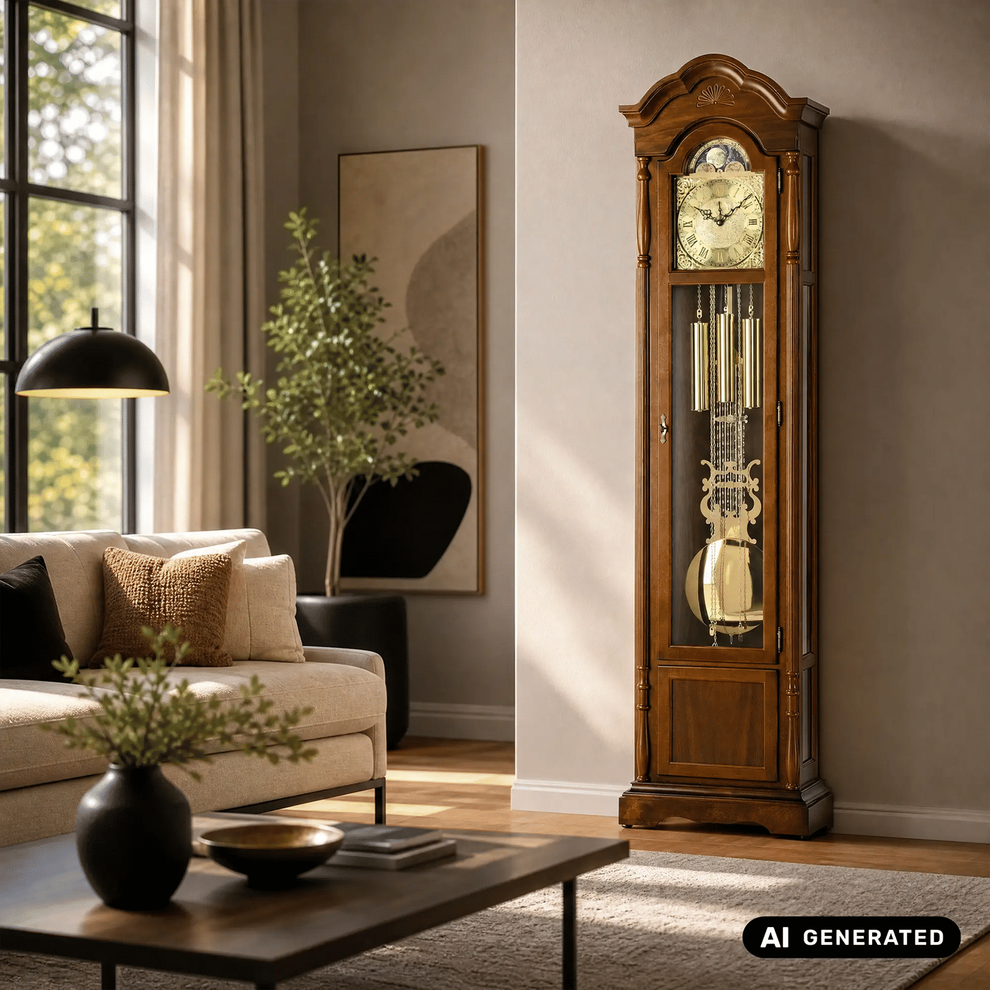Standuhr aus Nussbaumholz mit Glasfront, Pendel und Gewichten