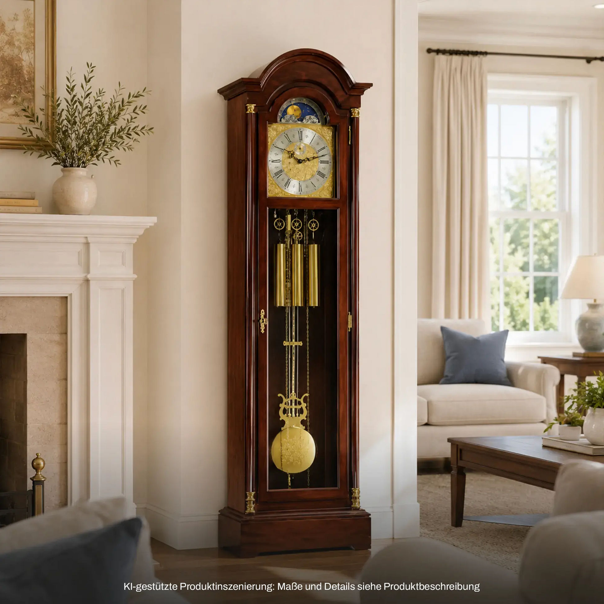 Standuhr aus dunklem Holz mit goldfarbenem Pendel und großer Uhr mit römischen Ziffern