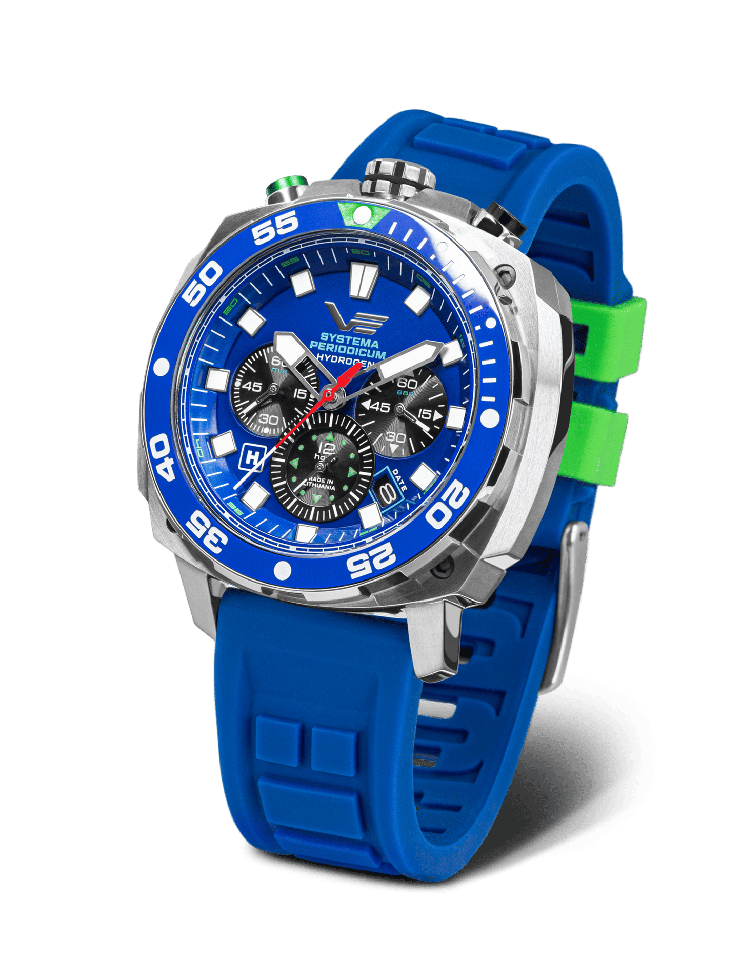 Vostok Europe herrklocka med blått silikonarmband, blå urtavla och silverfärgad boettring.