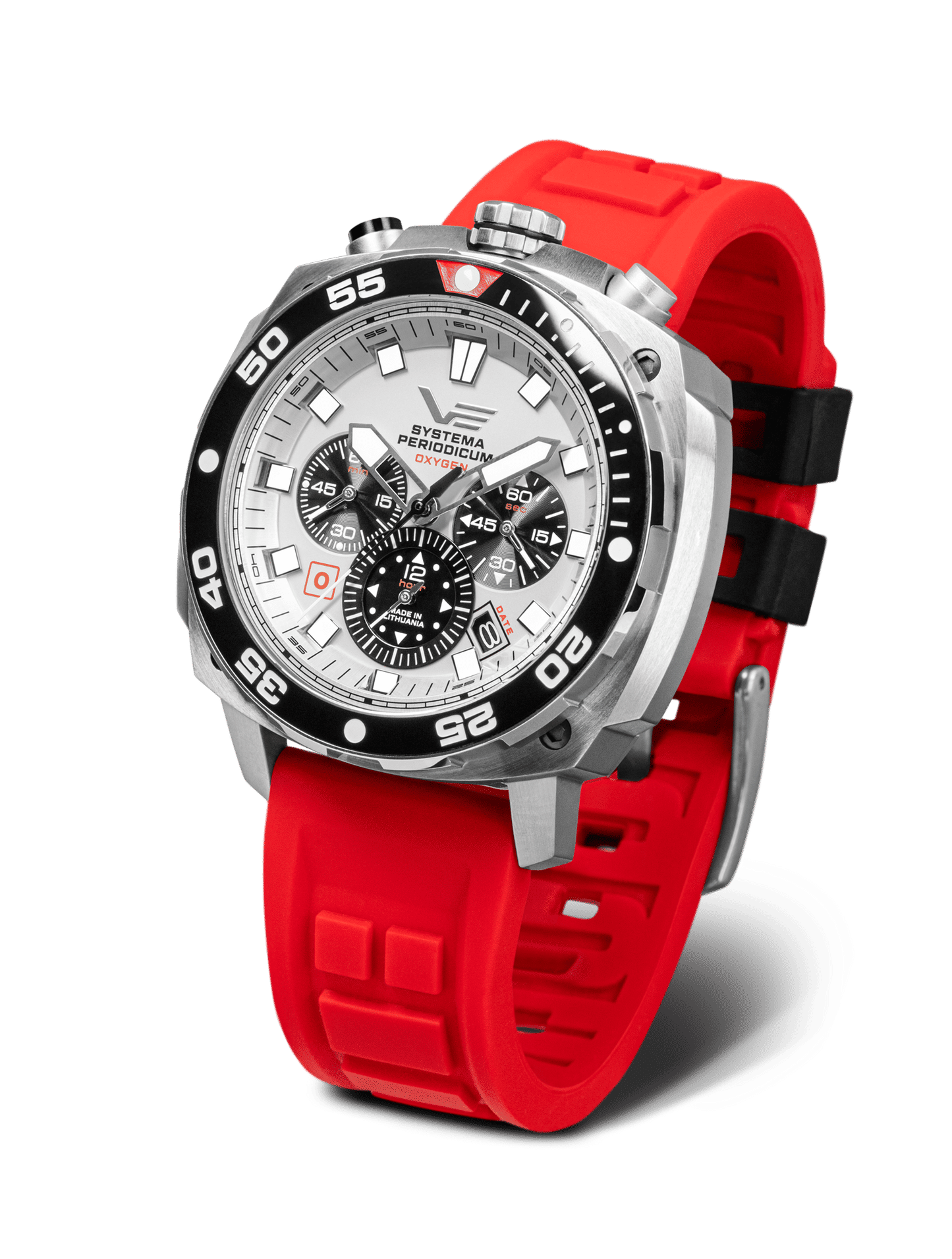 Vostok Europe herrklocka: Bullhead-design, rött silikonarmband, silverfärgat boett