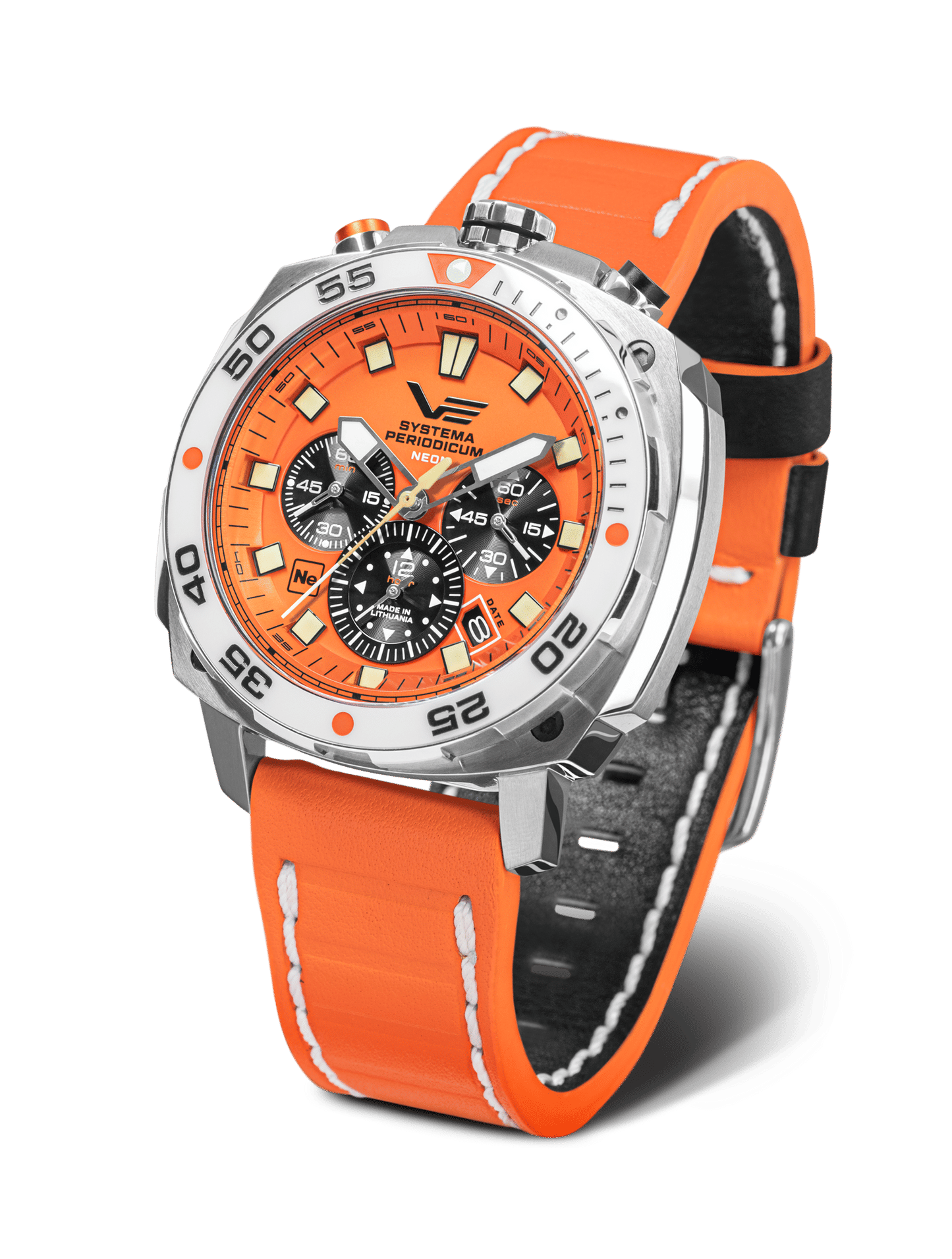 Vostok Europe Herrenuhr: orange Zifferblatt, orangefarbenes Armband mit schwarzer Unterseite, 20 ATM