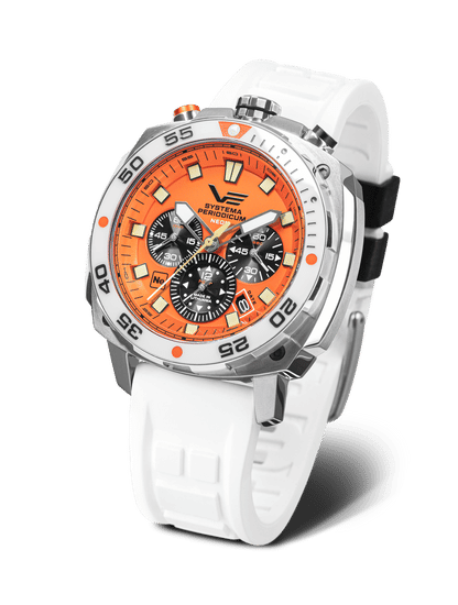 Vostok Europe Herrenuhr: orange Zifferblatt, weißes Silikonarmband, bis 20 ATM