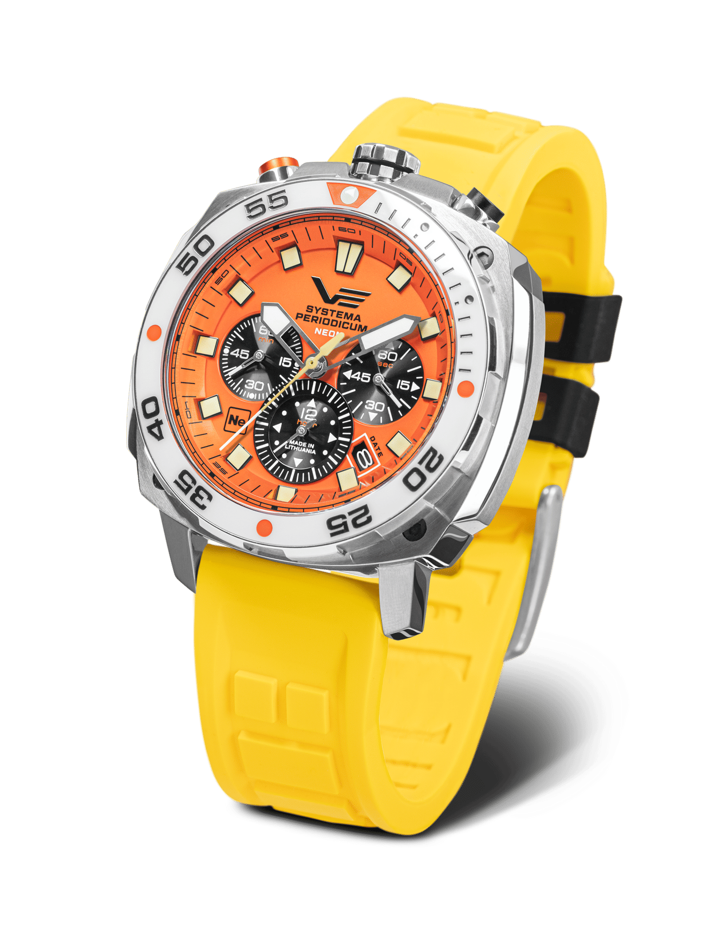 Vostok Europe Herrenuhr: orange Zifferblatt, gelbes Silikonarmband, bis 20 ATM