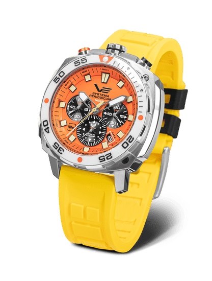 Vostok Europe Herrenuhr: orange Zifferblatt, gelbes Silikonarmband, bis 20 ATM