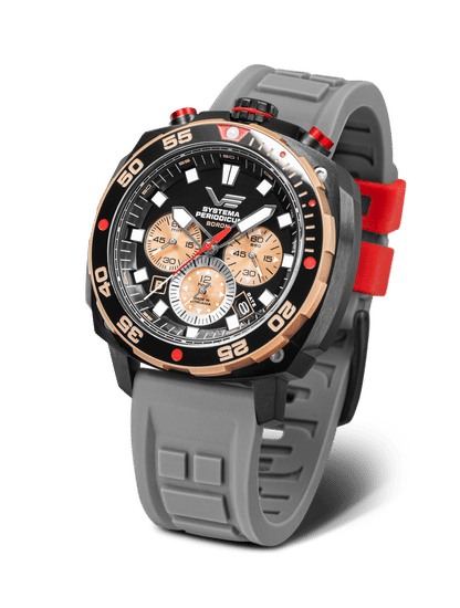 Vostok Europe Herrenarmbanduhr mit grauem Silikonband und schwarzem Zifferblatt, rot