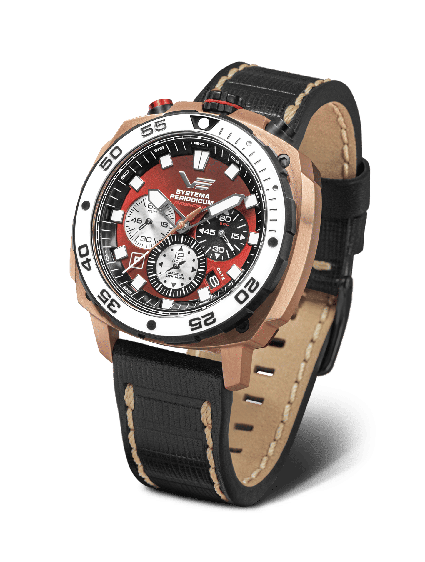 Vostok Europe herrklocka med brunt läderarmband, runt boett, röd urtavla