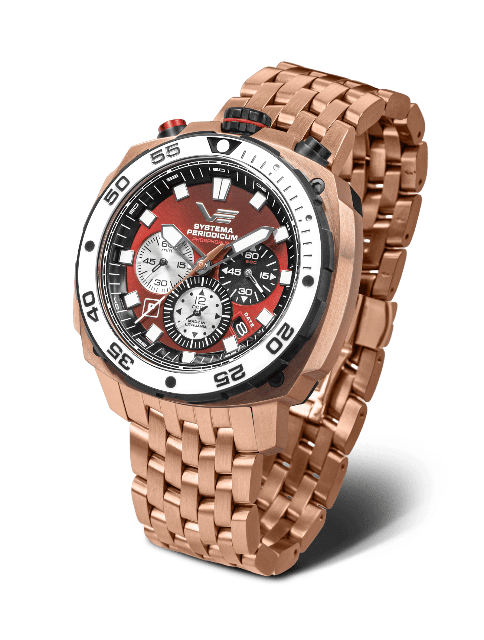 Vostok Europe herrklocka med metallarmband, runt boett, röd urtavla