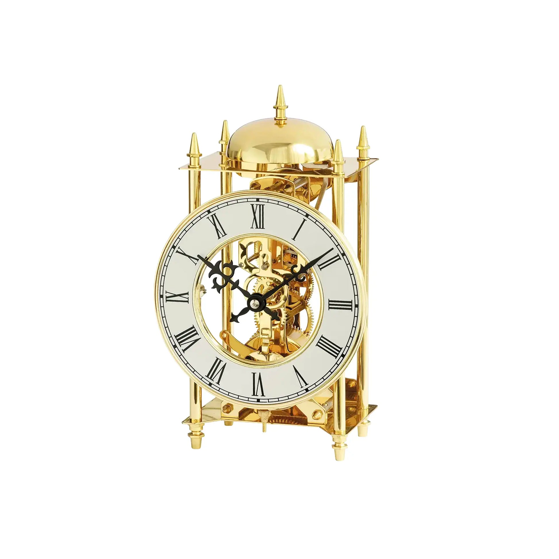 Goldene Tischuhr mit offenliegendem Uhrwerk, römischen Ziffern und rundem Kuppelgehäuse