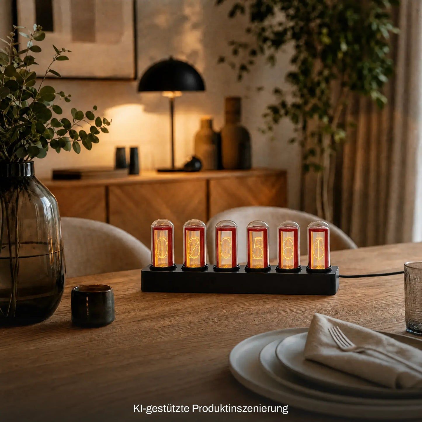 Tischuhr mit roten LED-Glasröhren im Retro-Design auf Holzsockel