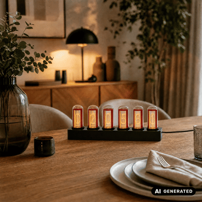 Rotbraune Tischuhr mit Nixie-Glasröhren und leuchtenden LED-Anzeigen