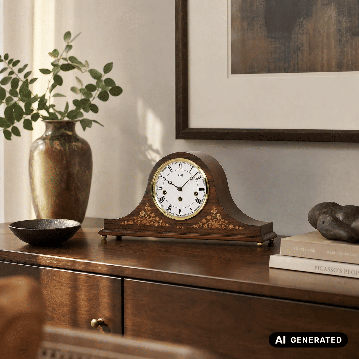 Zegar stołowy AMS T2188/1 orzech • 8-dniowy mechanizm Westminster • fornir orzechowy z intarsjami