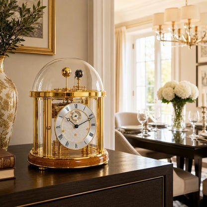 Goldene Tischuhr mit rundem Glasdom und analogem Ziffernblatt auf Holzsockel