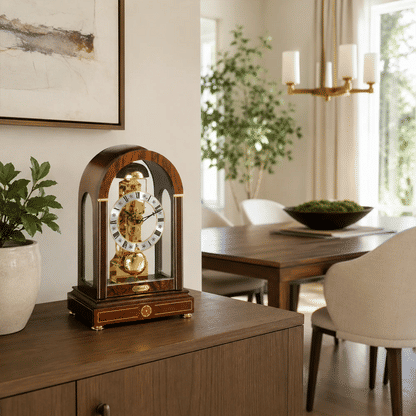 Holz-Tischuhr auf Sideboard mit gläsernem Bogen und goldfarbenem Ziffernblatt