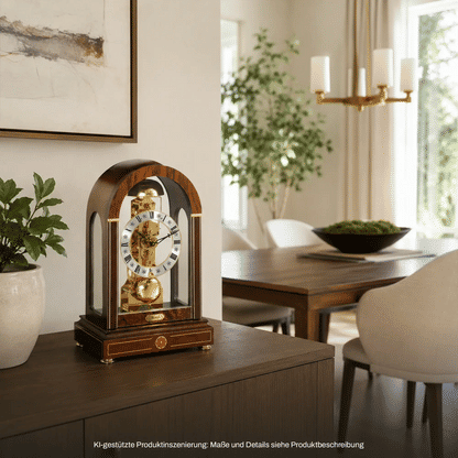 Holz-Tischuhr mit gebogener Glasfront und silbernem Zifferblatt, goldene Pendelanzeige