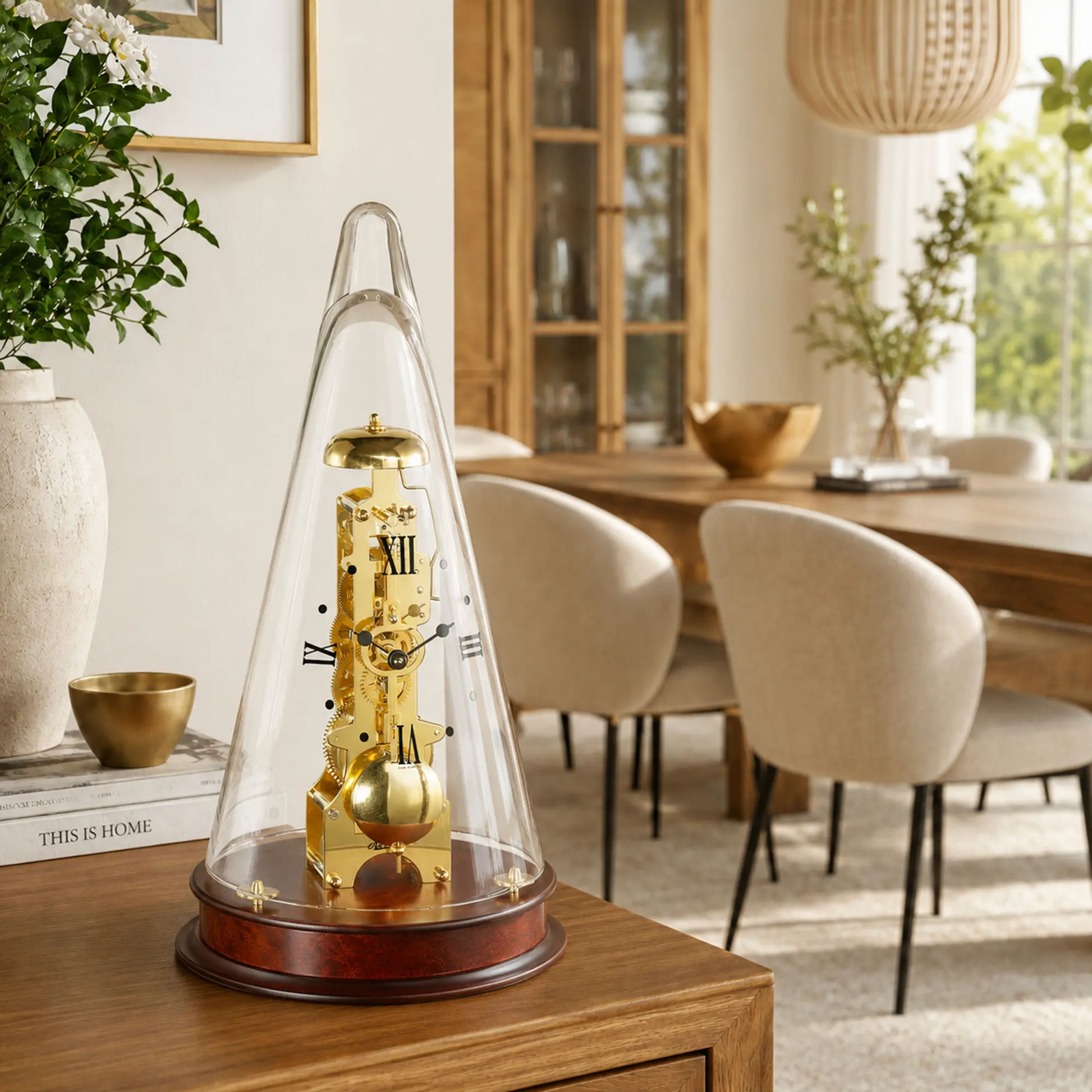 Tischuhr auf Holzplatte: transparente Glasglocke, goldenes Uhrwerk, römische Ziffern