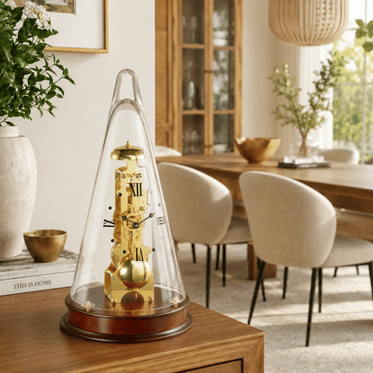 Tischuhr auf Holzplatte: transparente Glasglocke, goldenes Uhrwerk, römische Ziffern