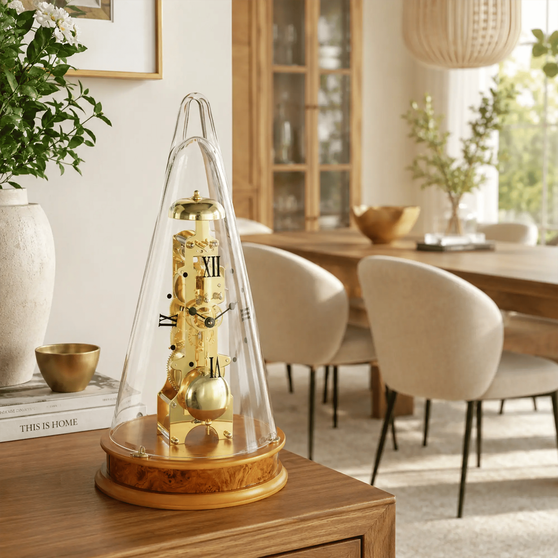 Tischuhr mit Glasgehäuse und goldfarbenem Uhrwerk, runder Holzsockel auf Tischplatte