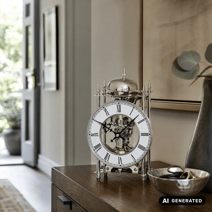 Zegar stołowy AMS Stiluhr T1184 srebrny • 14-dniowy mechanizm z biciem w dzwonek • Mechanizm szkieletowy