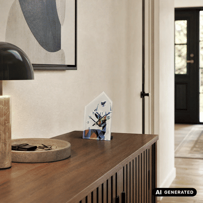 Tischuhr mit Vogelmotiv und schwarzen Zeigern, schräger Blick auf Acrylglas