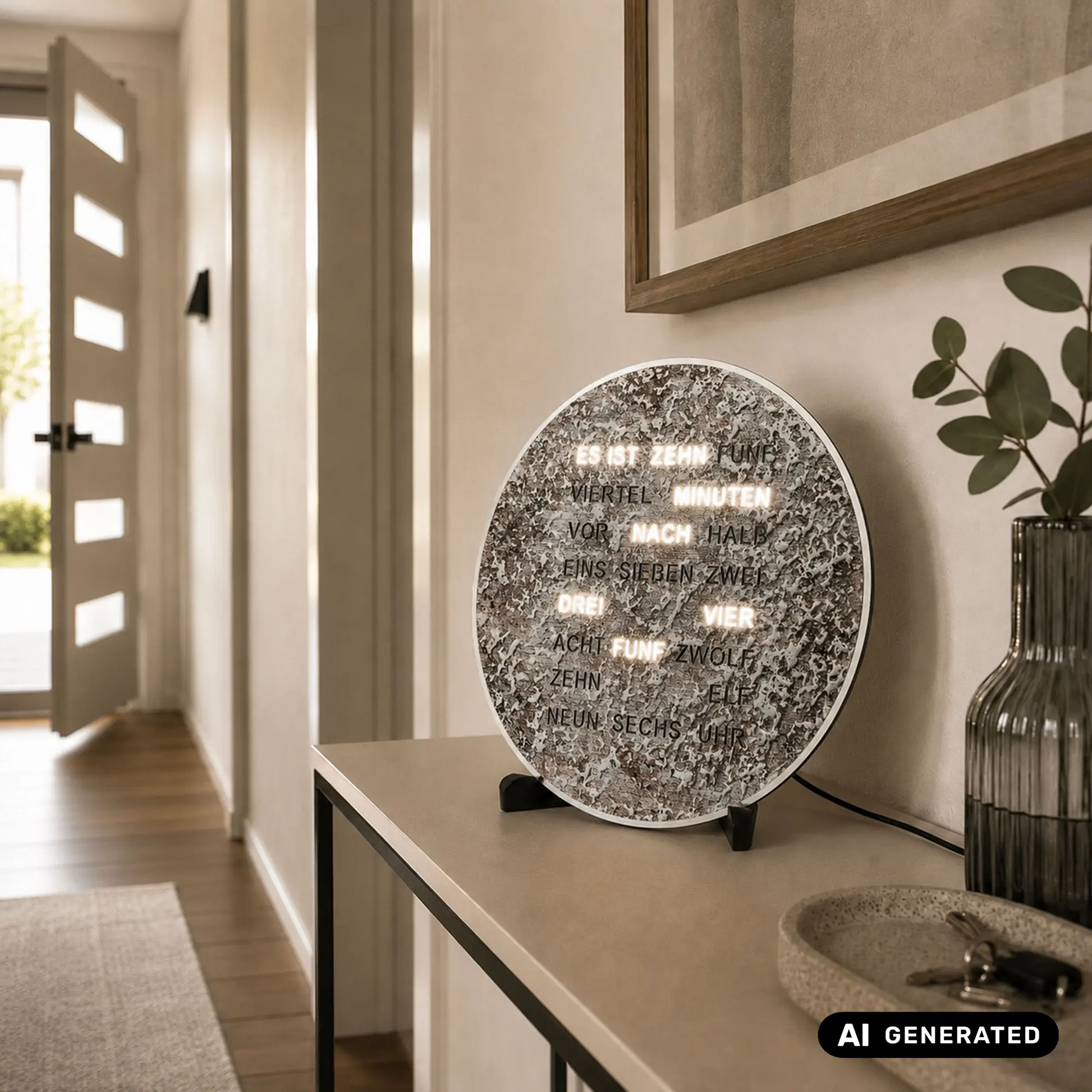 Runde LED-Wortuhr aus Metallic mit Wortanzeige, seitlich auf Ständern