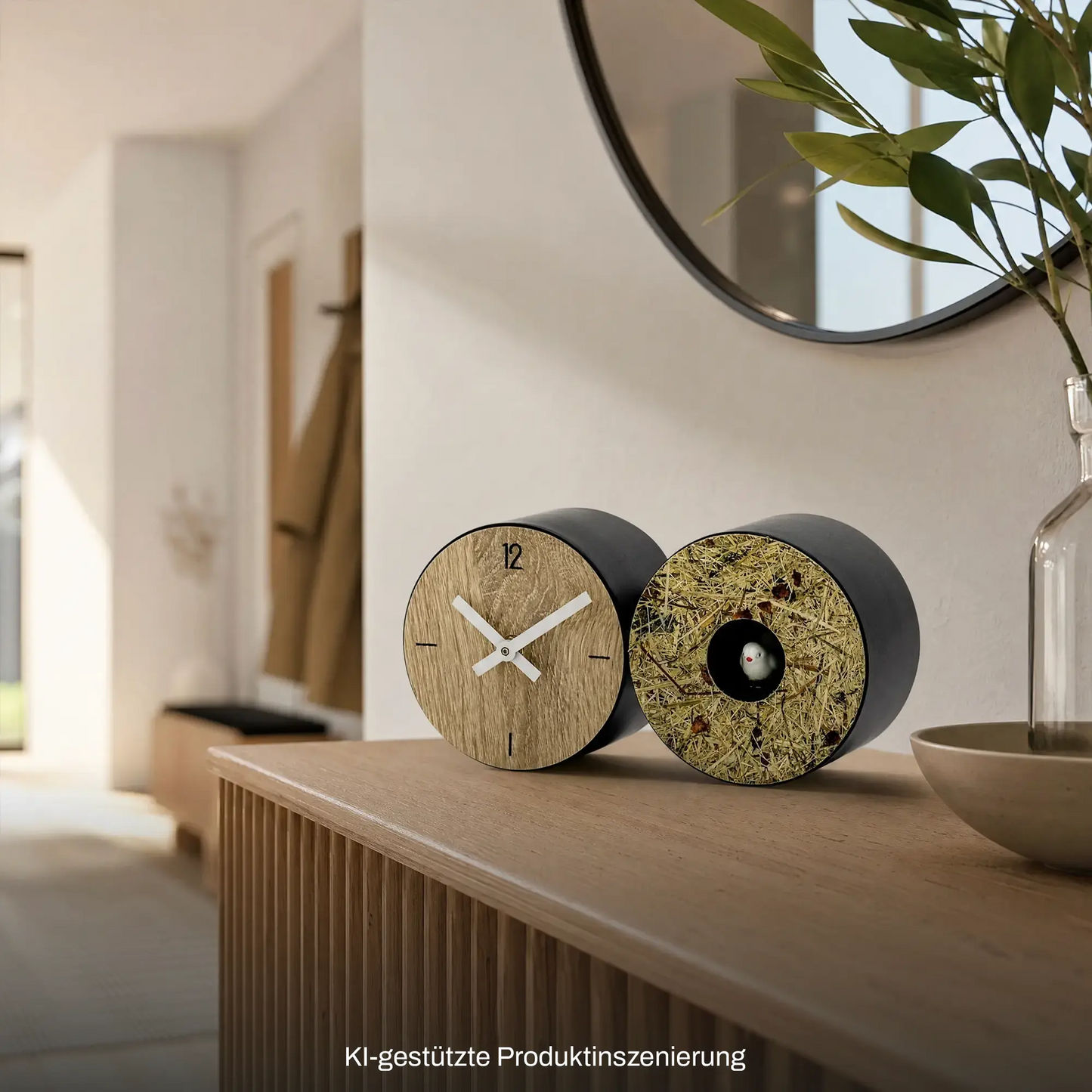Tischuhr auf Sideboard: rundes Holz-Ziffernblatt, schwarzes Gehäuse und strukturierte Front