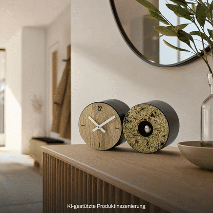Tischuhr auf Sideboard: rundes Holz-Ziffernblatt, schwarzes Gehäuse und strukturierte Front