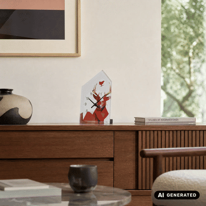 Zegar stołowy AMS T1251 czerwony • mechanizm kwarcowy • design z jeleniem