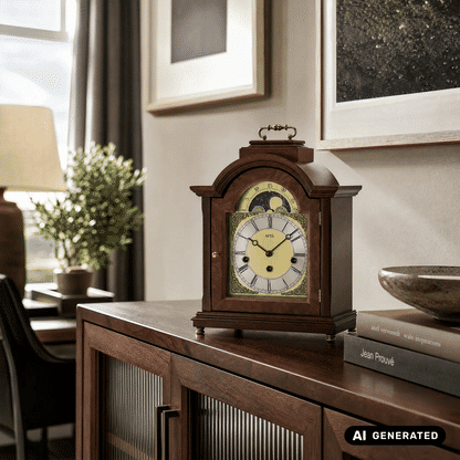 AMS T2195/1 Zegar stołowy orzech • Mechanizm Westminster • Fazy księżyca