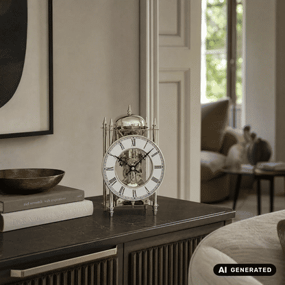 Zegar stołowy AMS Stiluhr T1184 srebrny • 14-dniowy mechanizm z biciem w dzwonek • Mechanizm szkieletowy