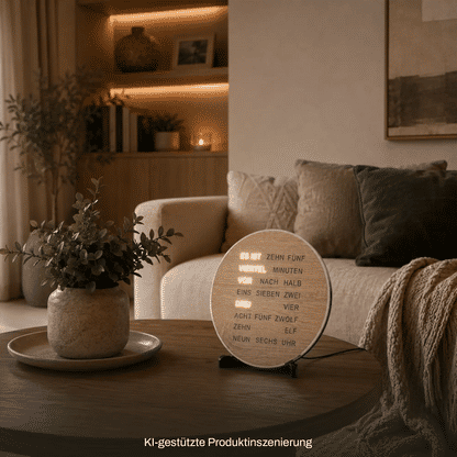 Runde LED-Wortanzeige-Tischuhr mit beleuchtetem Ziffern-/Textdisplay auf Sockel