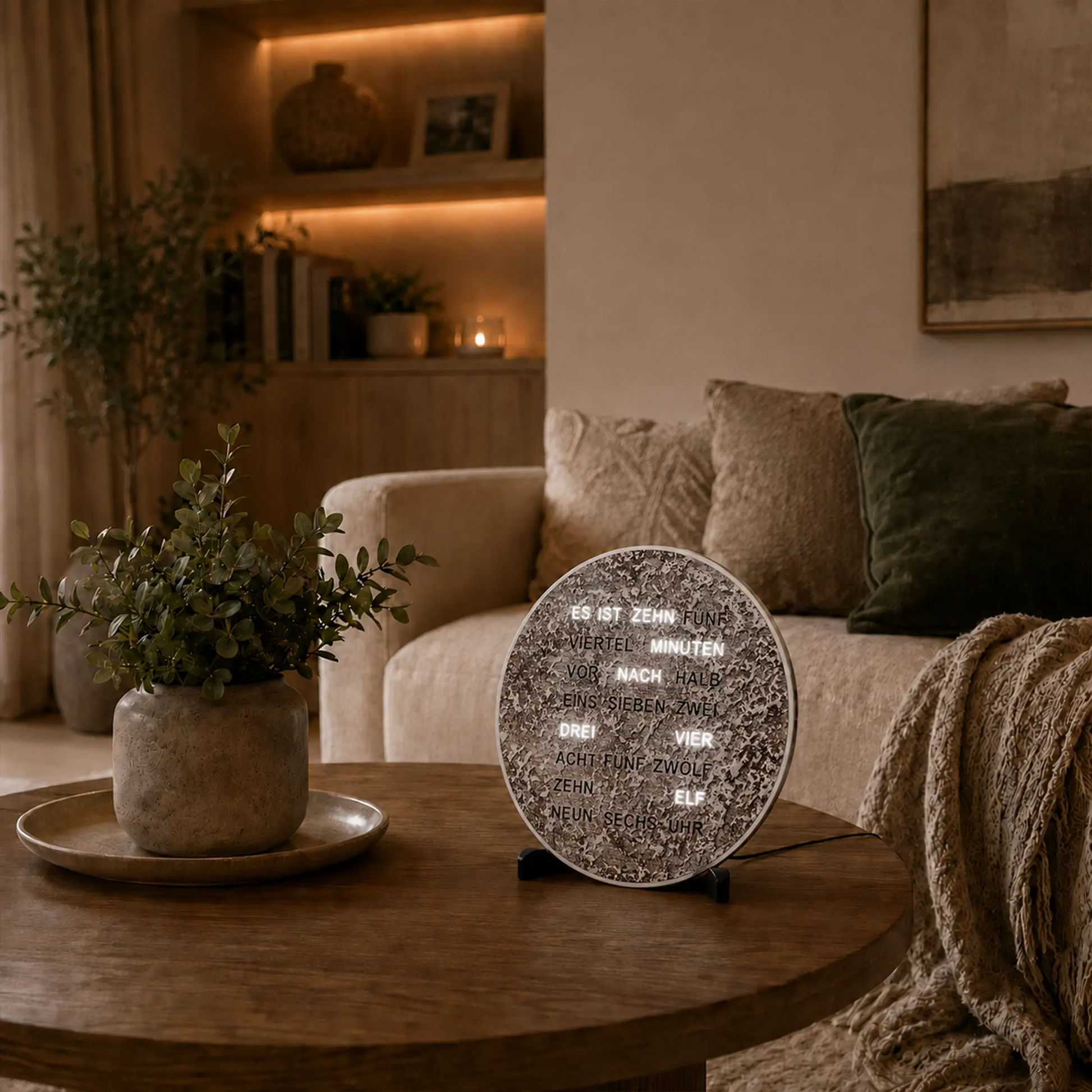 AMS LED-Wortuhr auf Tisch, rundes gesprenkeltes Zifferblatt mit LED-Text