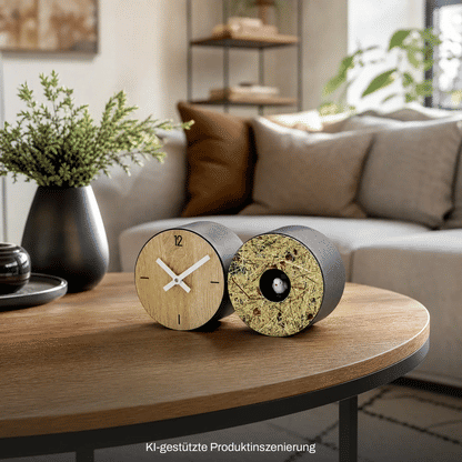 Tischuhr mit rundem Holz-Ziffernblatt und schwarzem Gehäuse, strukturierte Vorderseite