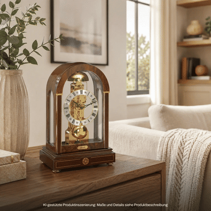 Elegante Holz-Tischuhr mit Glaskuppel, arabischen Ziffern und goldfarbenem Pendel