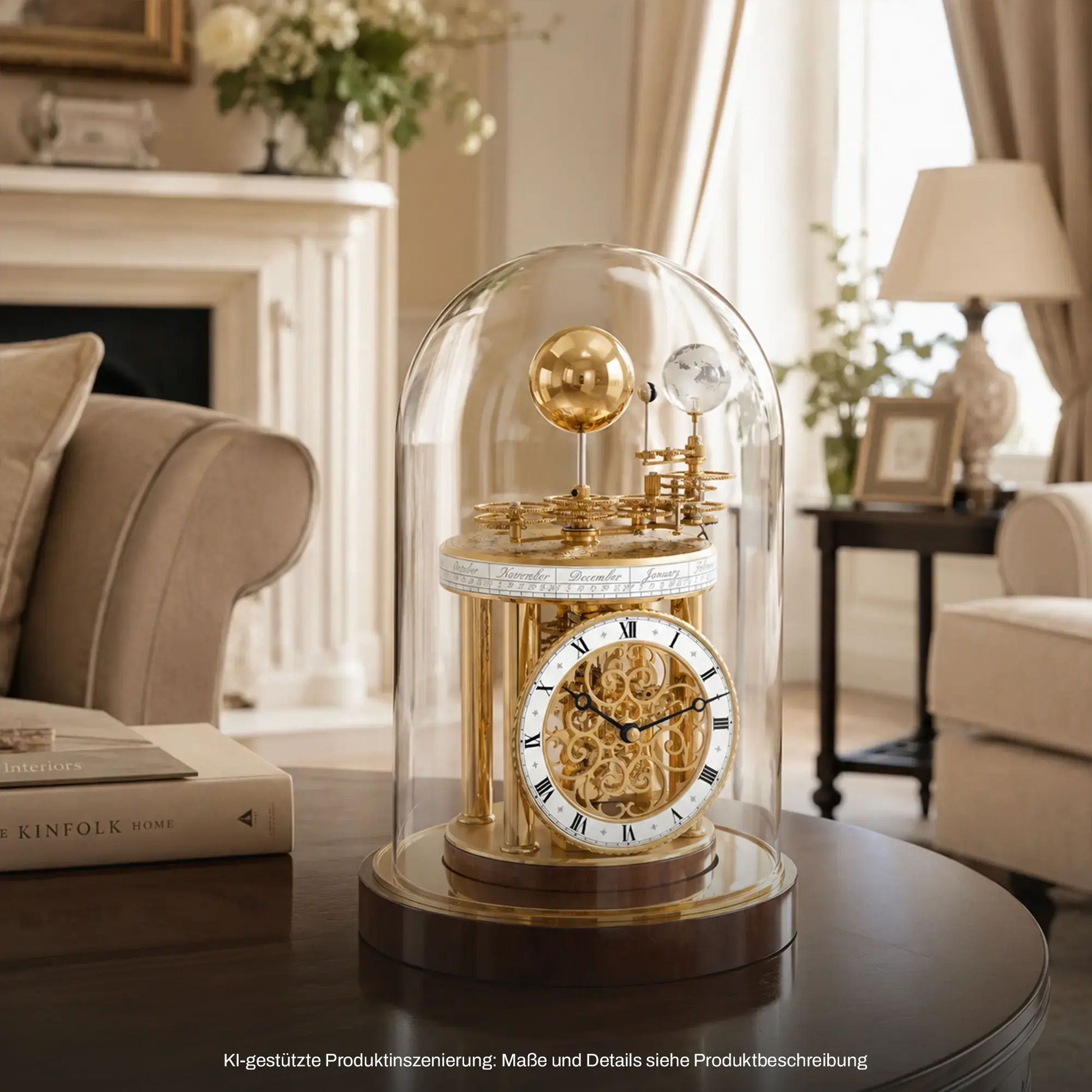 Hermle Tischuhr mit transparenter Glashaube, goldenem Astrolabium und runder Holzbasis