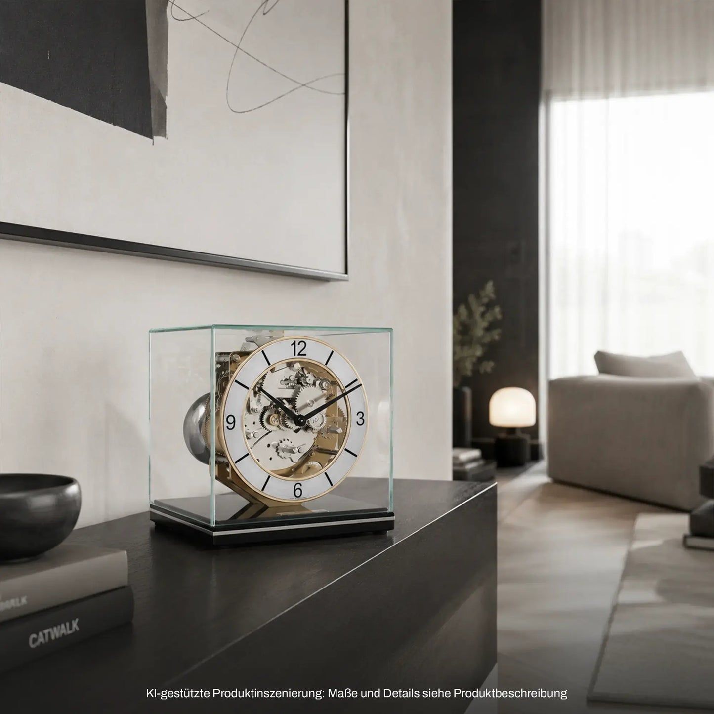 Holz-Tischuhr in klarem Glasbox mit rundem Zifferblatt und sichtbarem Uhrwerk