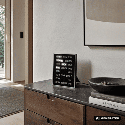 Wanduhr mit schwarzem Rahmen und LED-Wortziffern auf Ablage, rechteckig beleuchtet