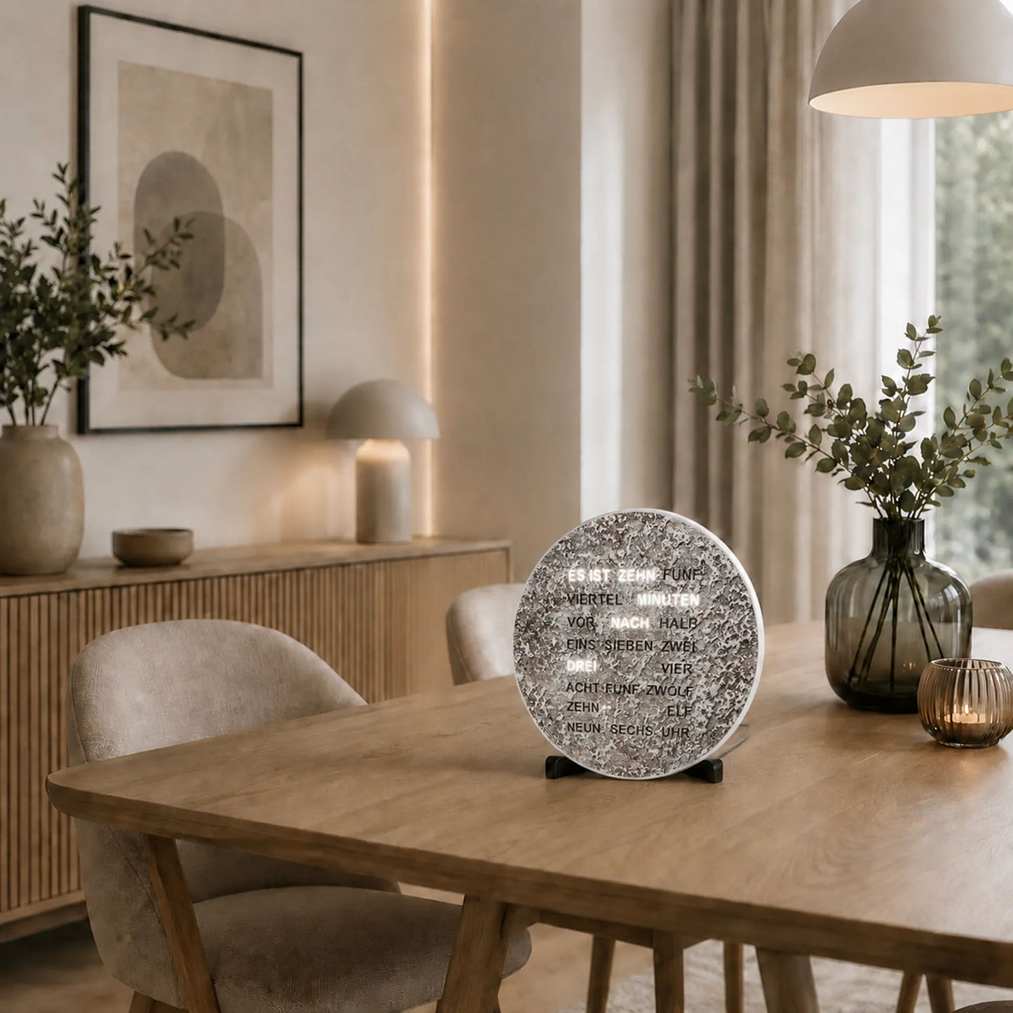 AMS LED-Wortuhr mit rundem, gesprenkeltem Zifferblatt auf Standfuß