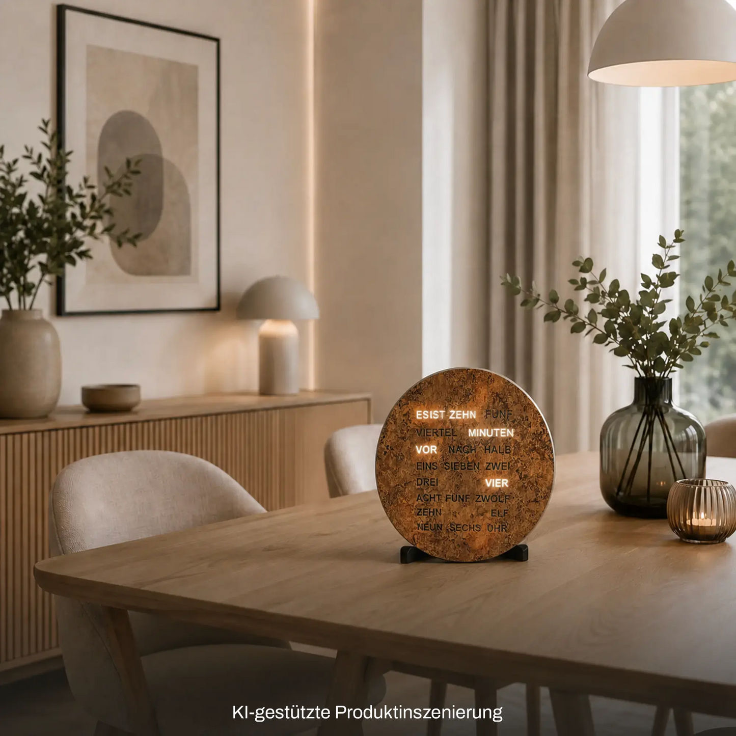 LED-Wortuhr mit rundem Kupfer-Look Ziffern-Text, auf schwarzem Standfuß