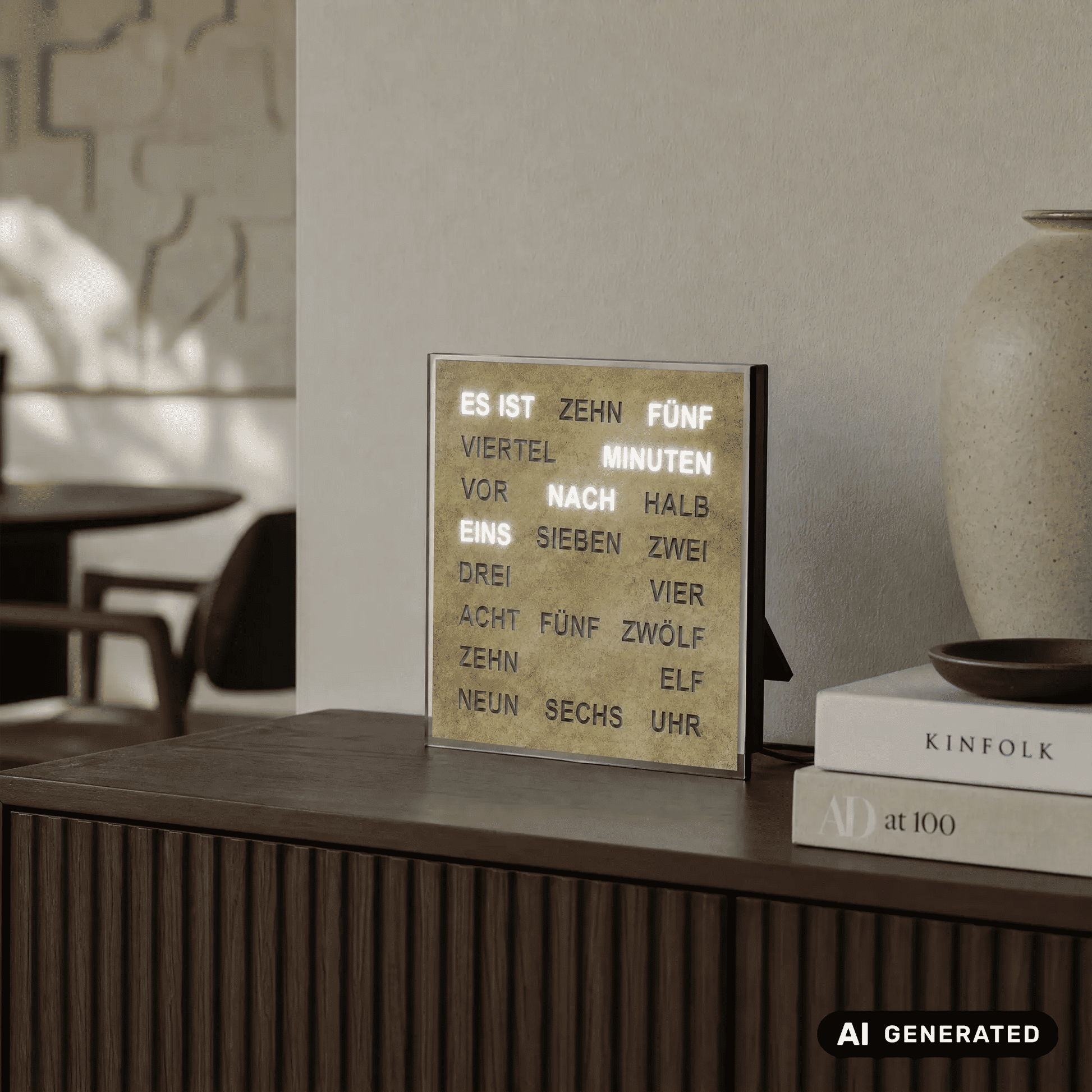 Wanduhr-Wortuhr in Messingoptik mit LED-Zeitwörtern, auf Sideboard stehend