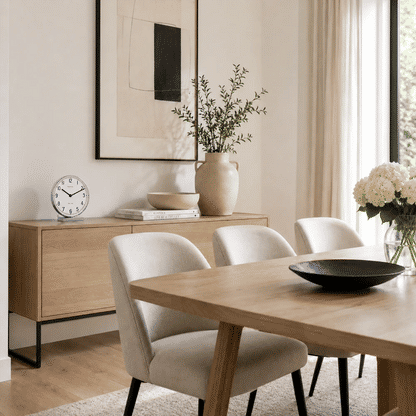 Tischuhr mit weißem Zifferblatt und Chromrahmen auf hellem Sideboard