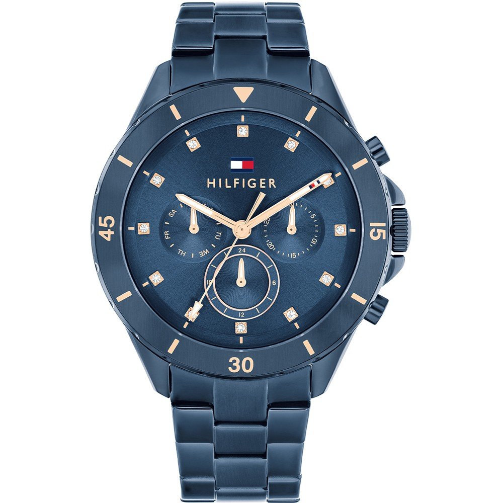 Tommy Hilfiger Mellie 1782743 Damen Armbanduhr Blau • Blaues Zifferblatt mit Steinbesatz • Edelstahl-Gliederarmband