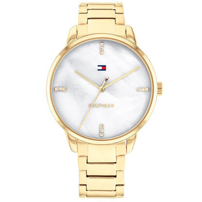 Tommy Hilfiger Damen-Armbanduhr mit goldenem Metallarmband und Perlmuttzifferblatt