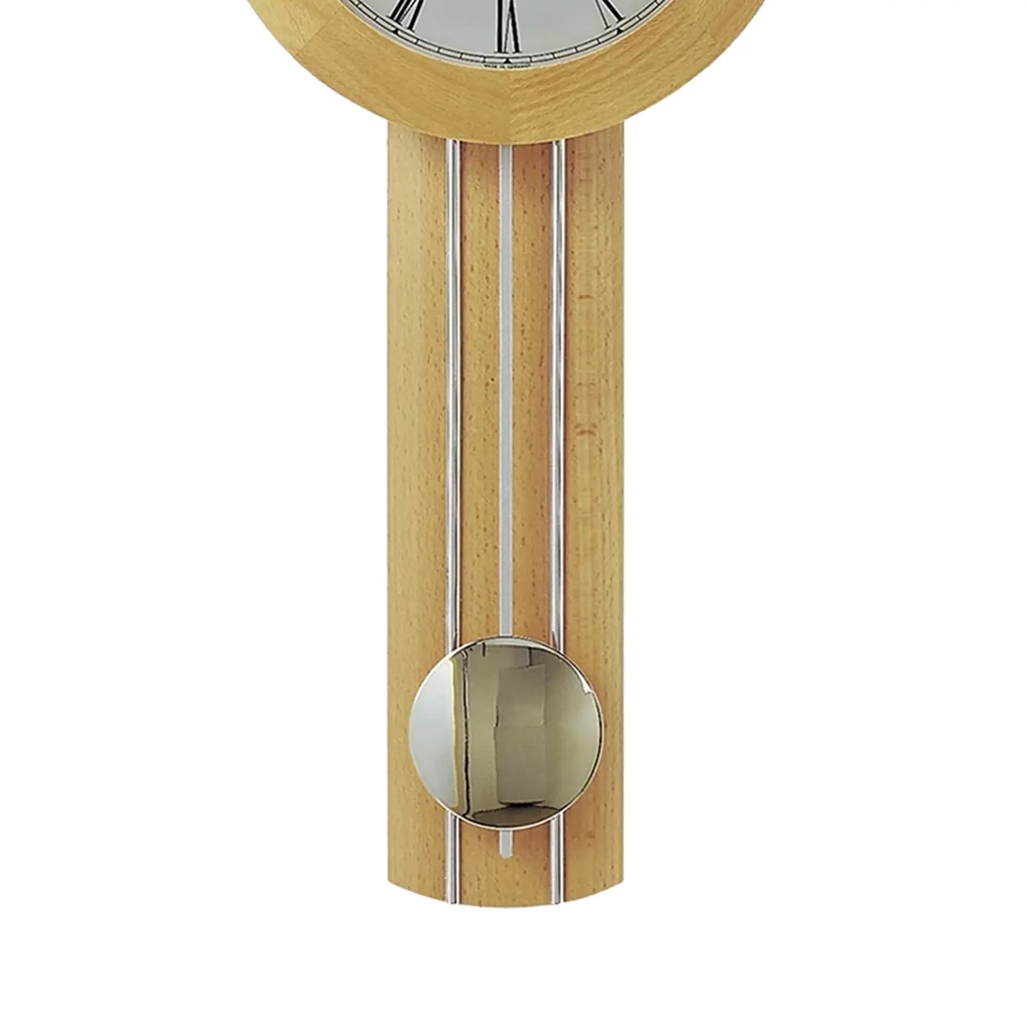 Wanduhr aus massivem Holz mit rundem Zifferblatt und Metallpendel, silberfarbene Details