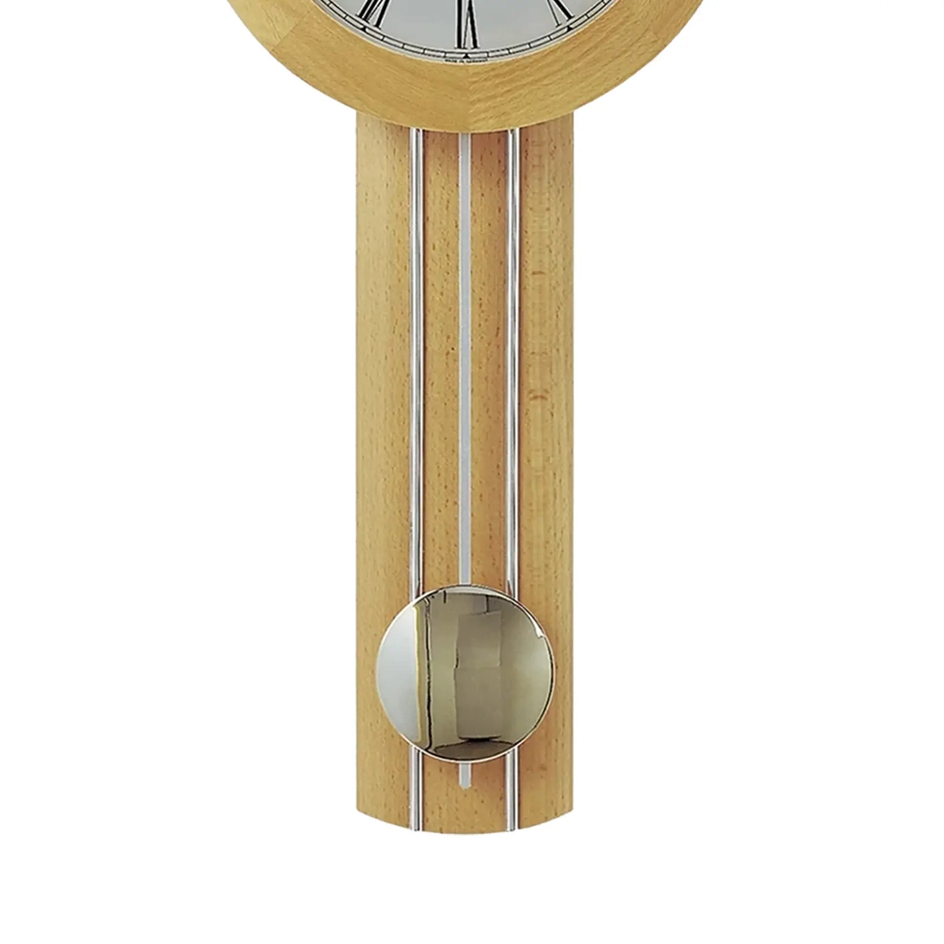 Wanduhr aus massivem Holz mit rundem Zifferblatt und Metallpendel, silberfarbene Details